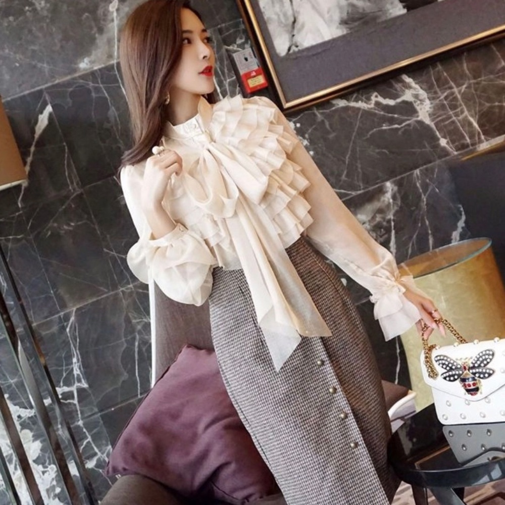 Tie-Neck Ruffled Blouse + Pencil Skirt